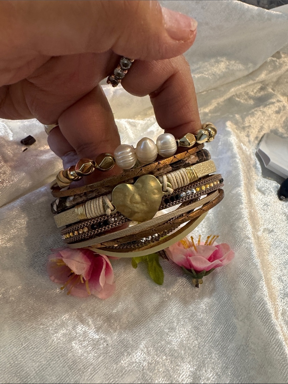 Stacked Heart Charm Multi-Strand Bracelet - Gold and Brown